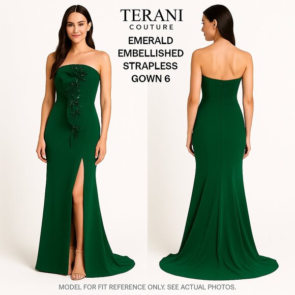 Terani Couture Embellished Dark Green Strapless Maxi Dress Sz 6 - Picture 1 of 13